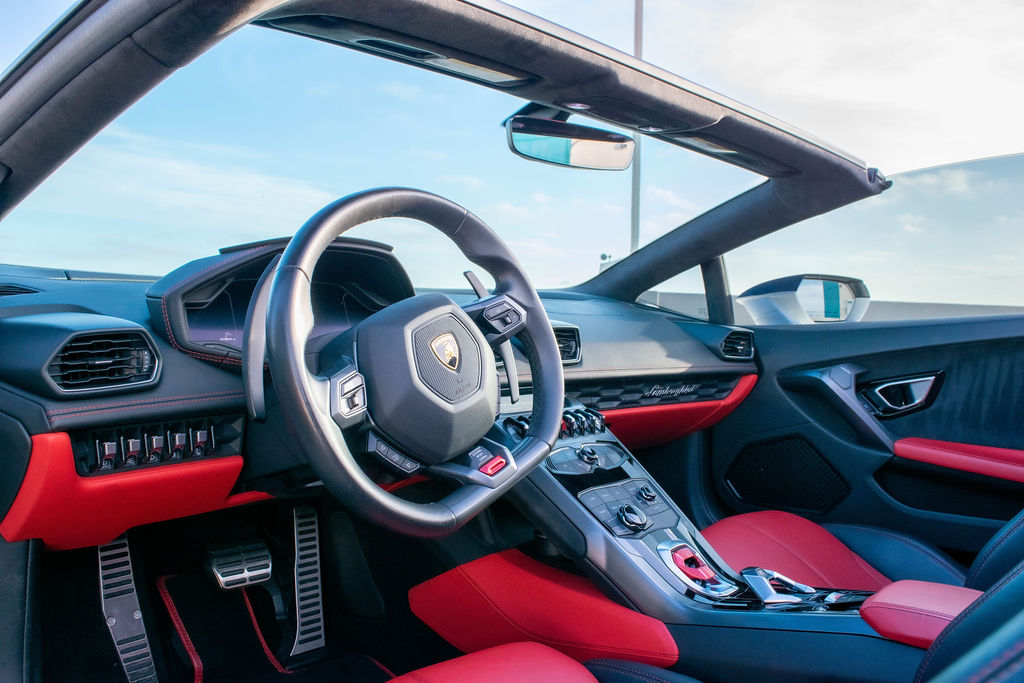 White Lamborghini Huracan Spyder supercar, Black and Red interior and 2 seats