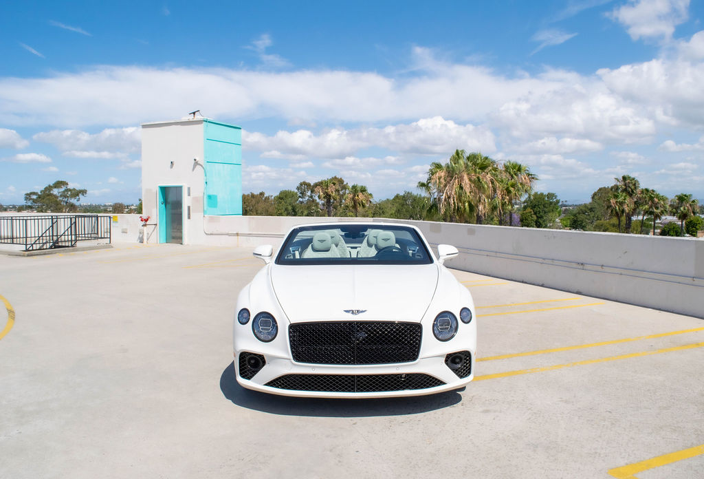 White Bentley Continental GTC First Edition rental car, White interior, Orange County, CA