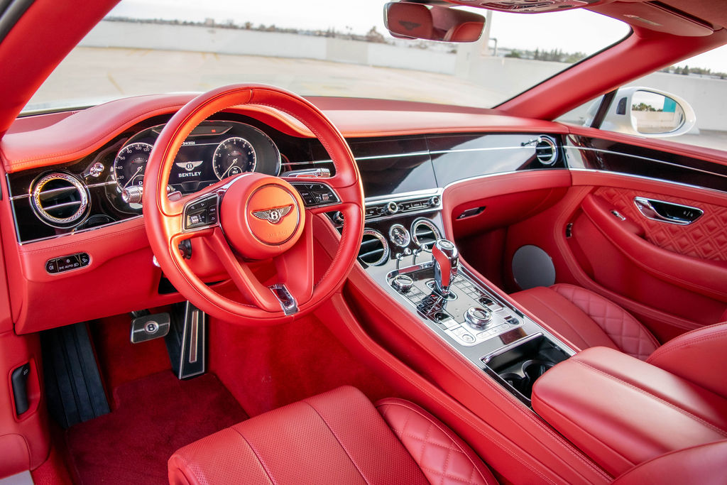 White Bentley Continental GTC, 4 seats and 2 doors, rental in Orange County, Red interior