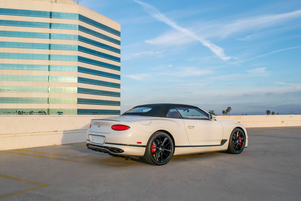 White Bentley Continental GTC luxury sedan with 4 seat cabin, Orange County rental, Red interior