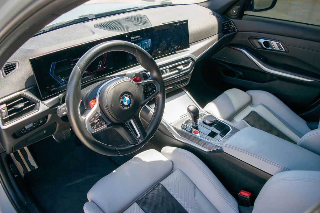 Grey BMW M3 Competition rental car, White interior, Orange County, CA