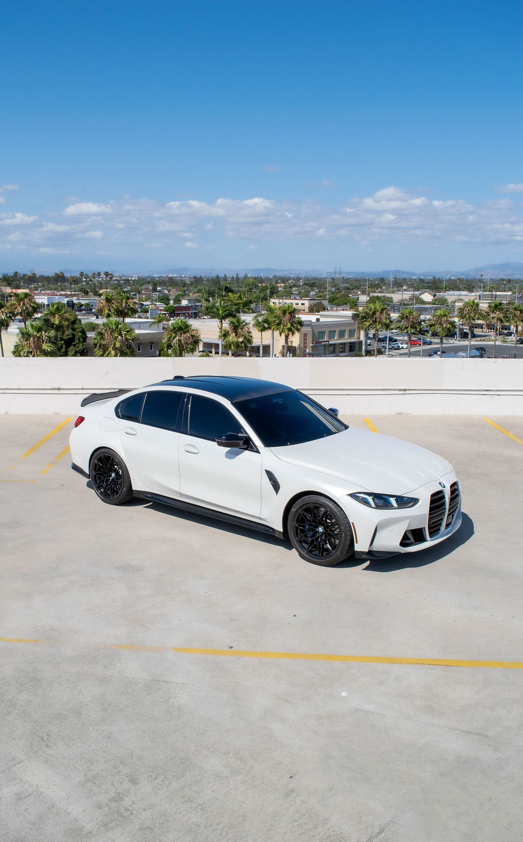 White BMW M3 Competition, Red interior, exotic car rental in Orange County