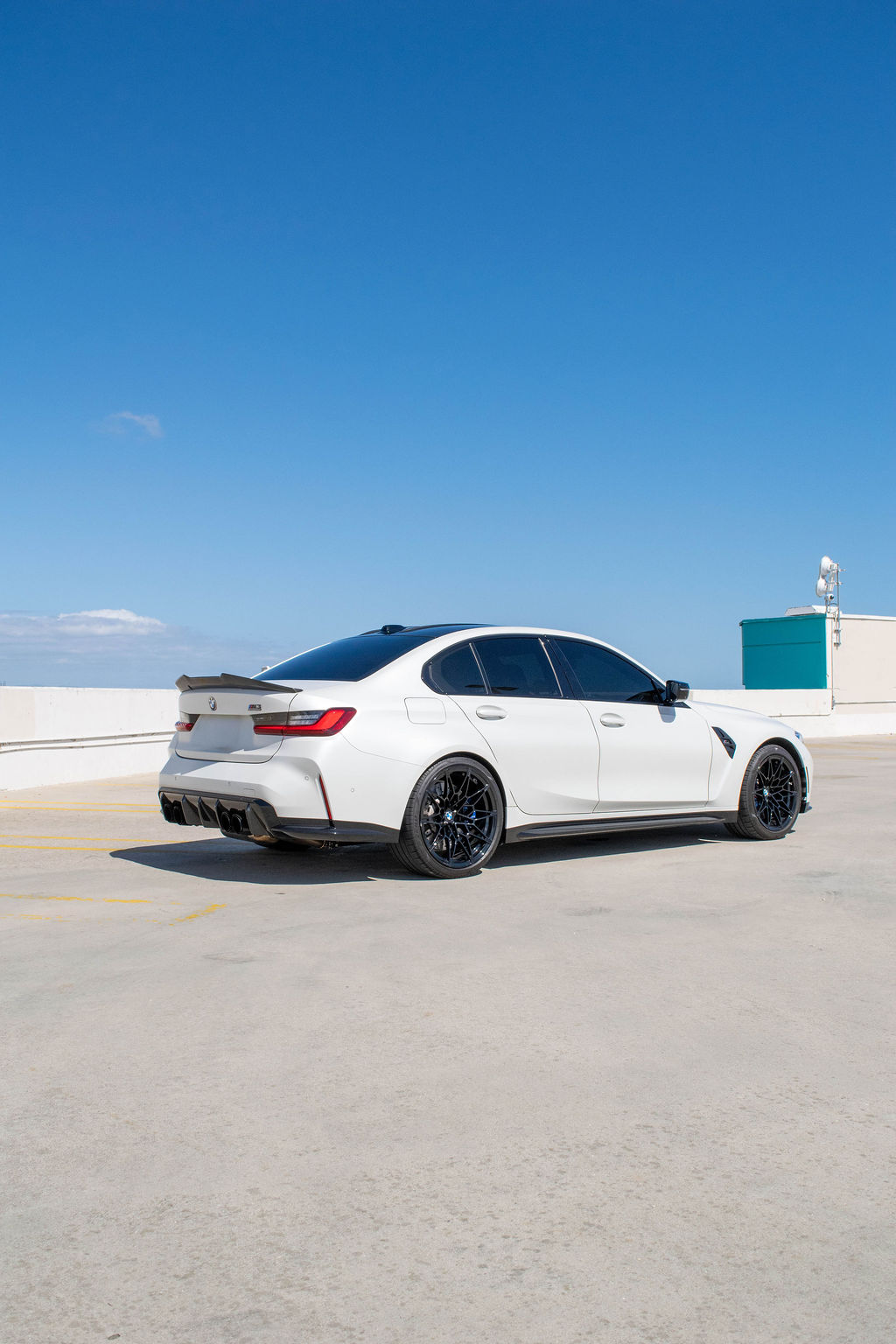 White BMW M3 Competition sports car, Red cabin, delivered in Orange County