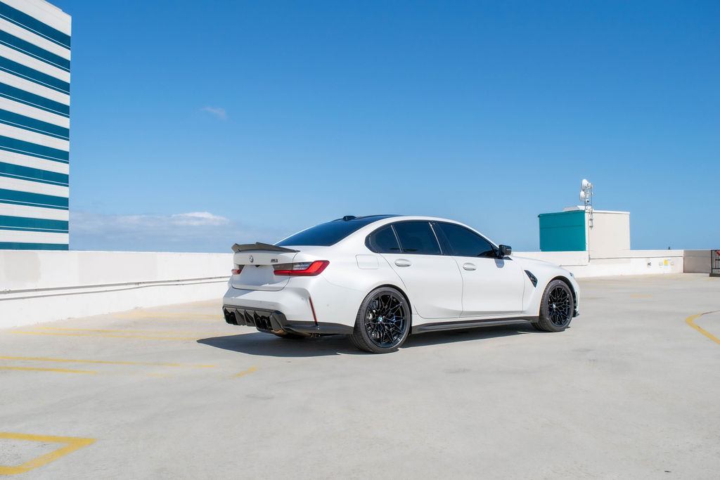 White BMW M3 Competition rental car, Red interior, Orange County, CA