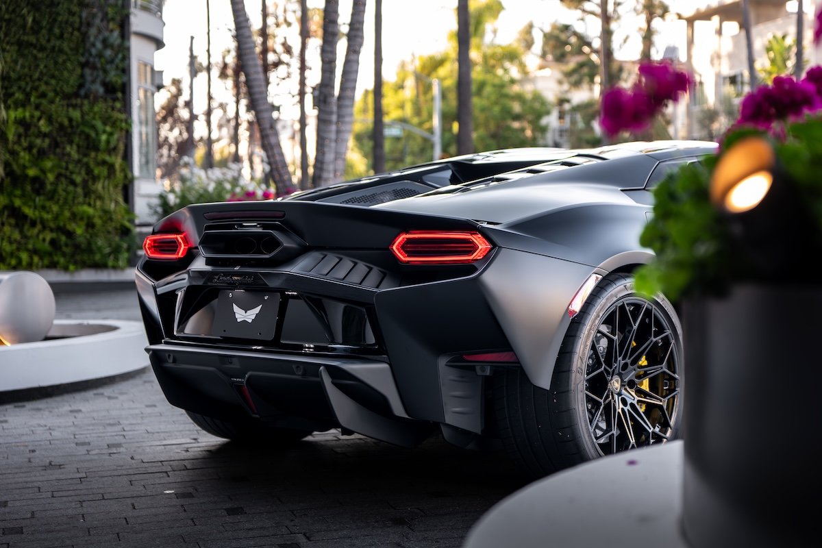 Black Lamborghini Temerario rear view, supercar for rent in Los Angeles