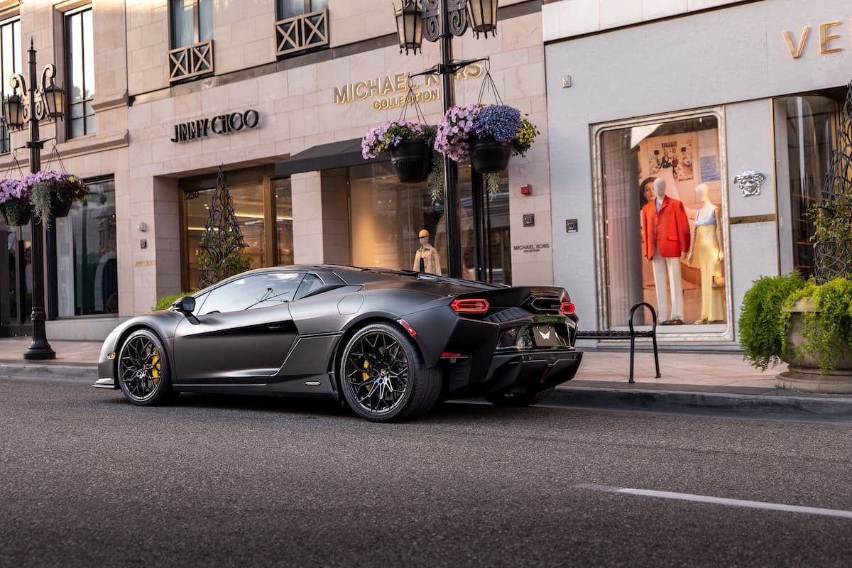 Black Lamborghini Temerario rear view, 2 seat supercar