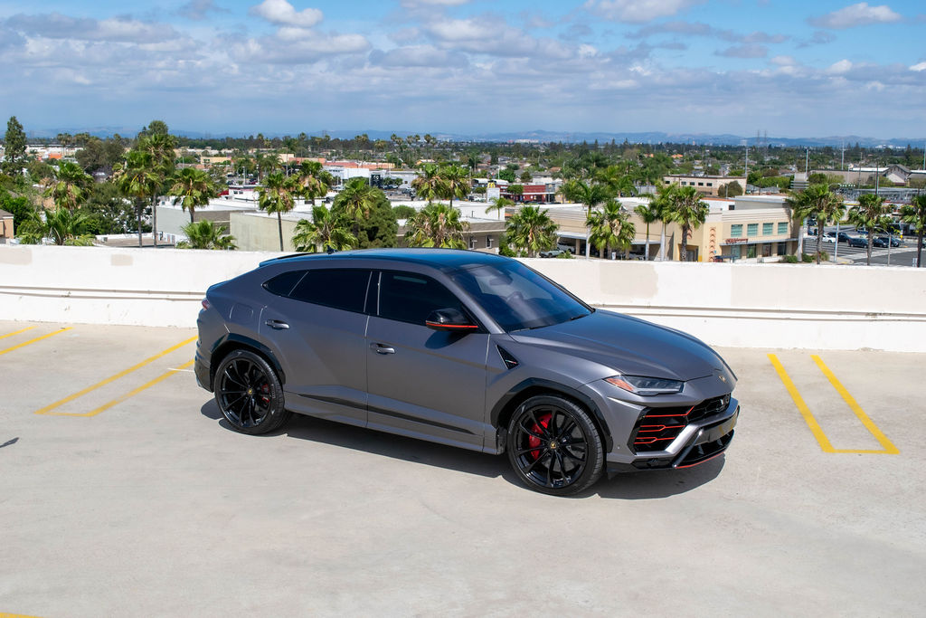 Grey Lamborghini Urus luxury SUV rental delivered in Orange County