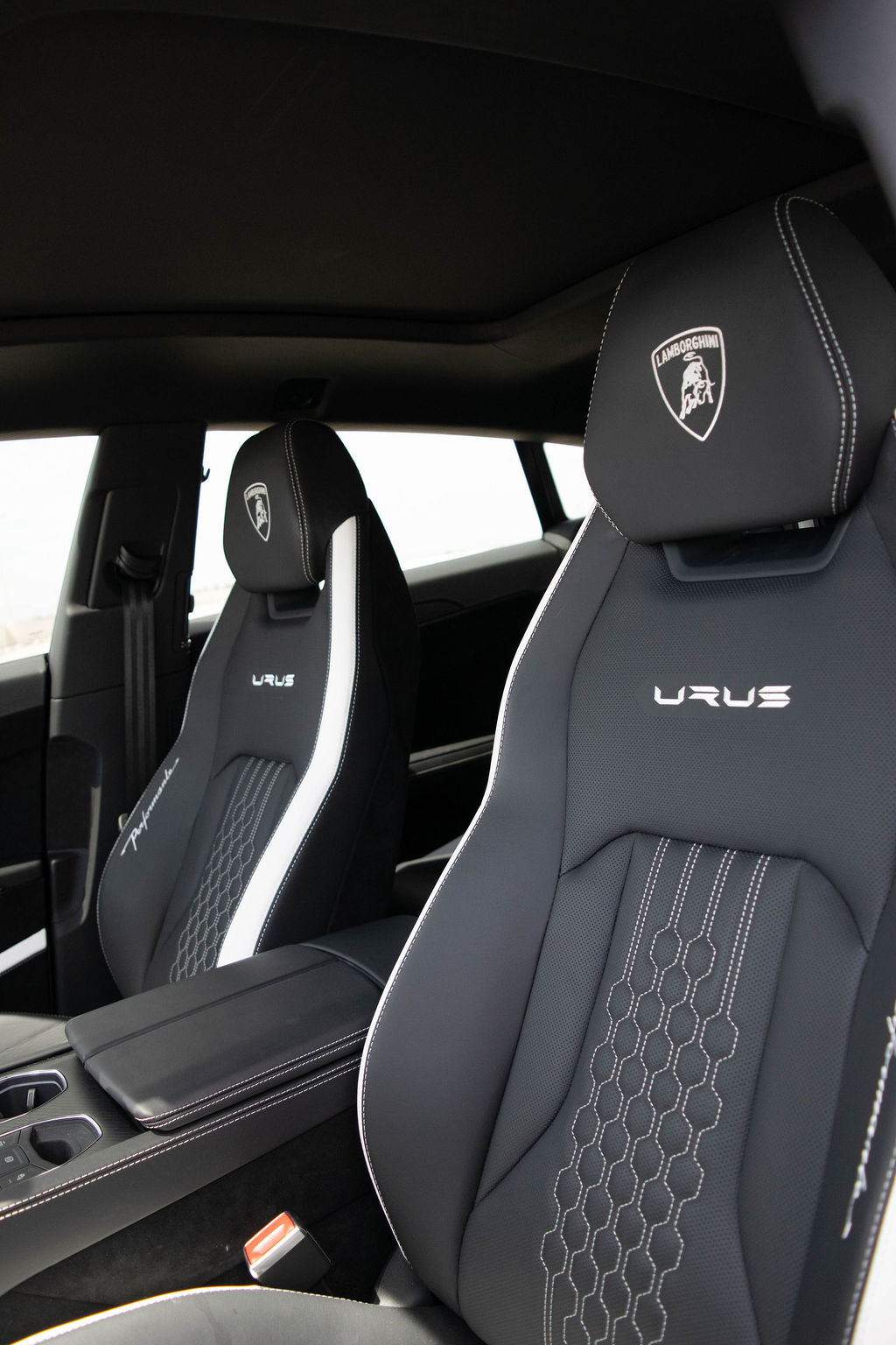 White Lamborghini Urus Performante luxury SUV rental delivered in Orange County