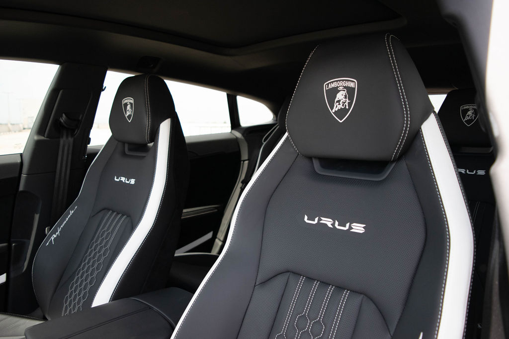 White Lamborghini Urus Performante luxury SUV, Black and White interior and 5 seats