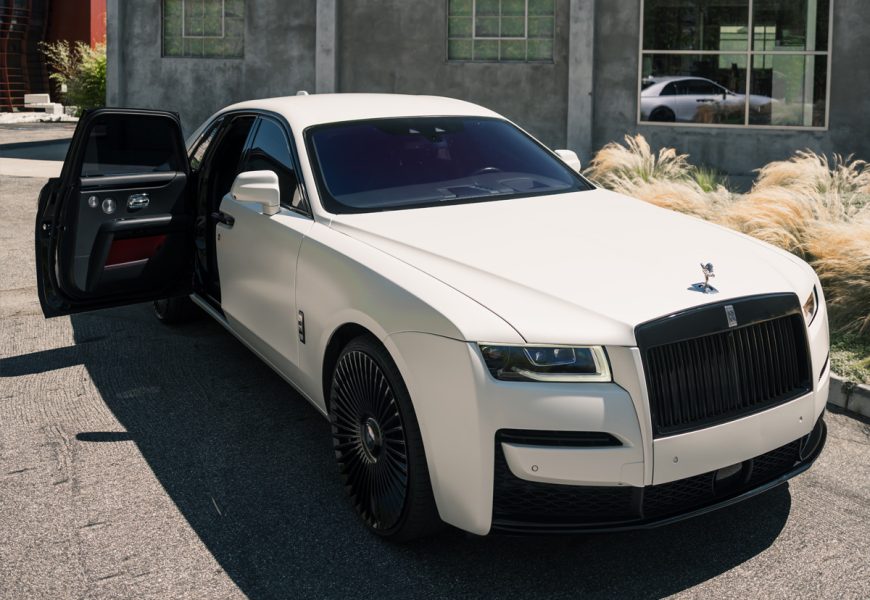 White Rolls Royce Ghost doors open, rental in Southern California