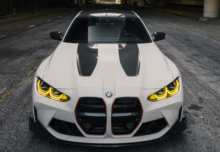 White BMW M3 CS front, sports car rental in Los Angeles