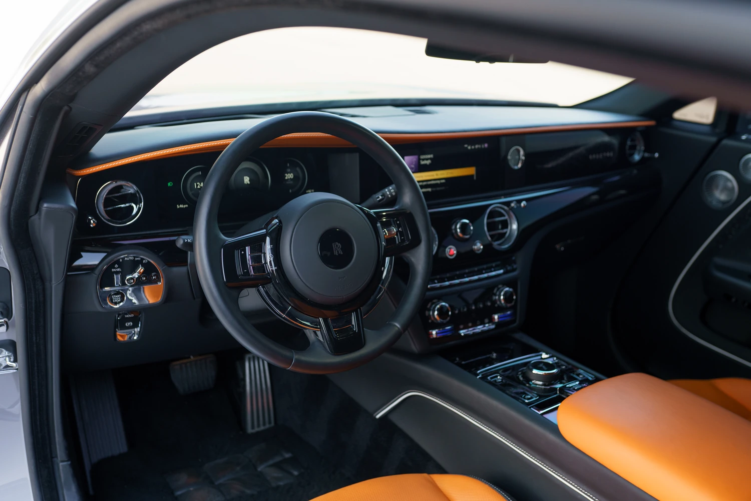 Grey Rolls Royce Spectre interior, 2 doors, Orange and Black trim
