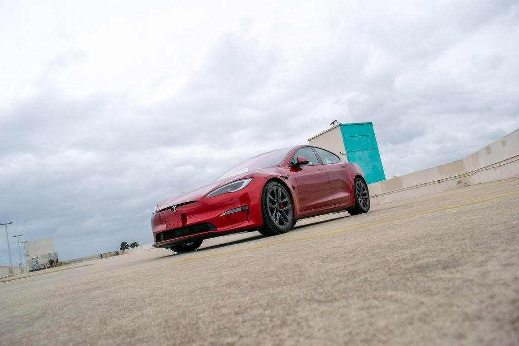 Red Tesla Model S Plaid, Luxury Sedan available in Orange County