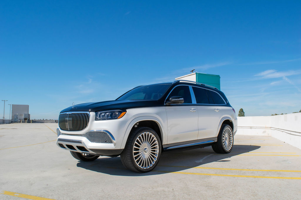 2-Tone Maybach GLS 600 luxury SUV rental in Orange County with Black interior