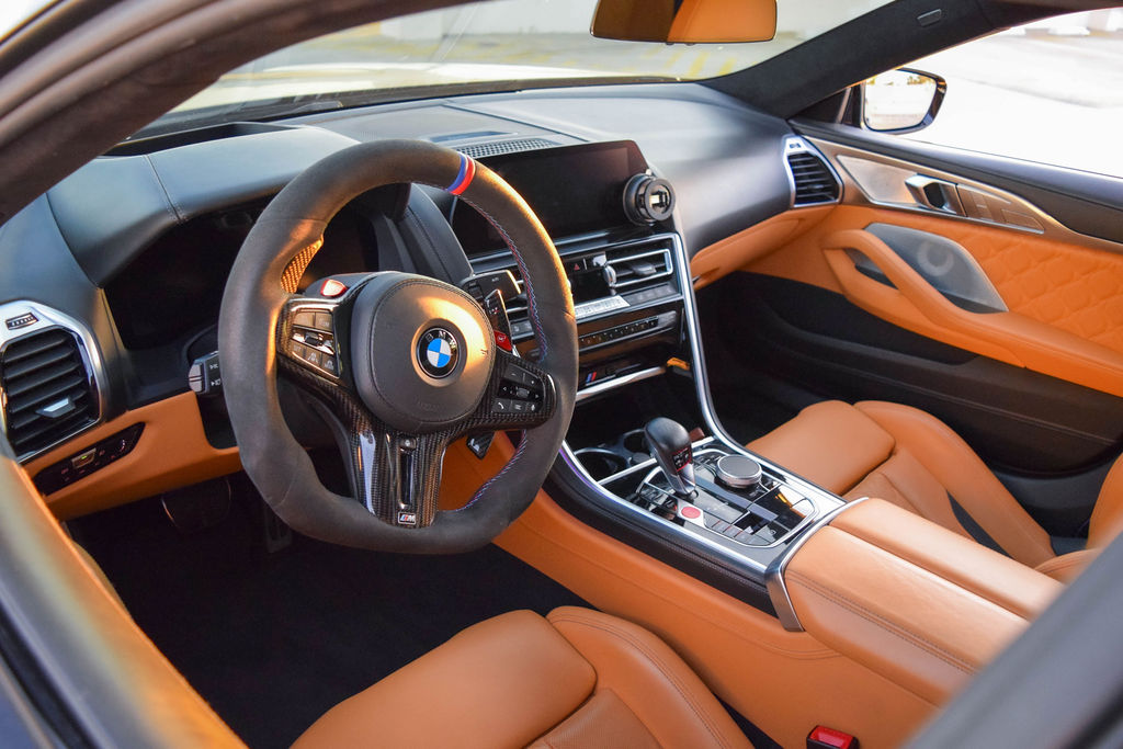 Satin Black BMW M8 Competition, Brown interior sports car available in Orange County