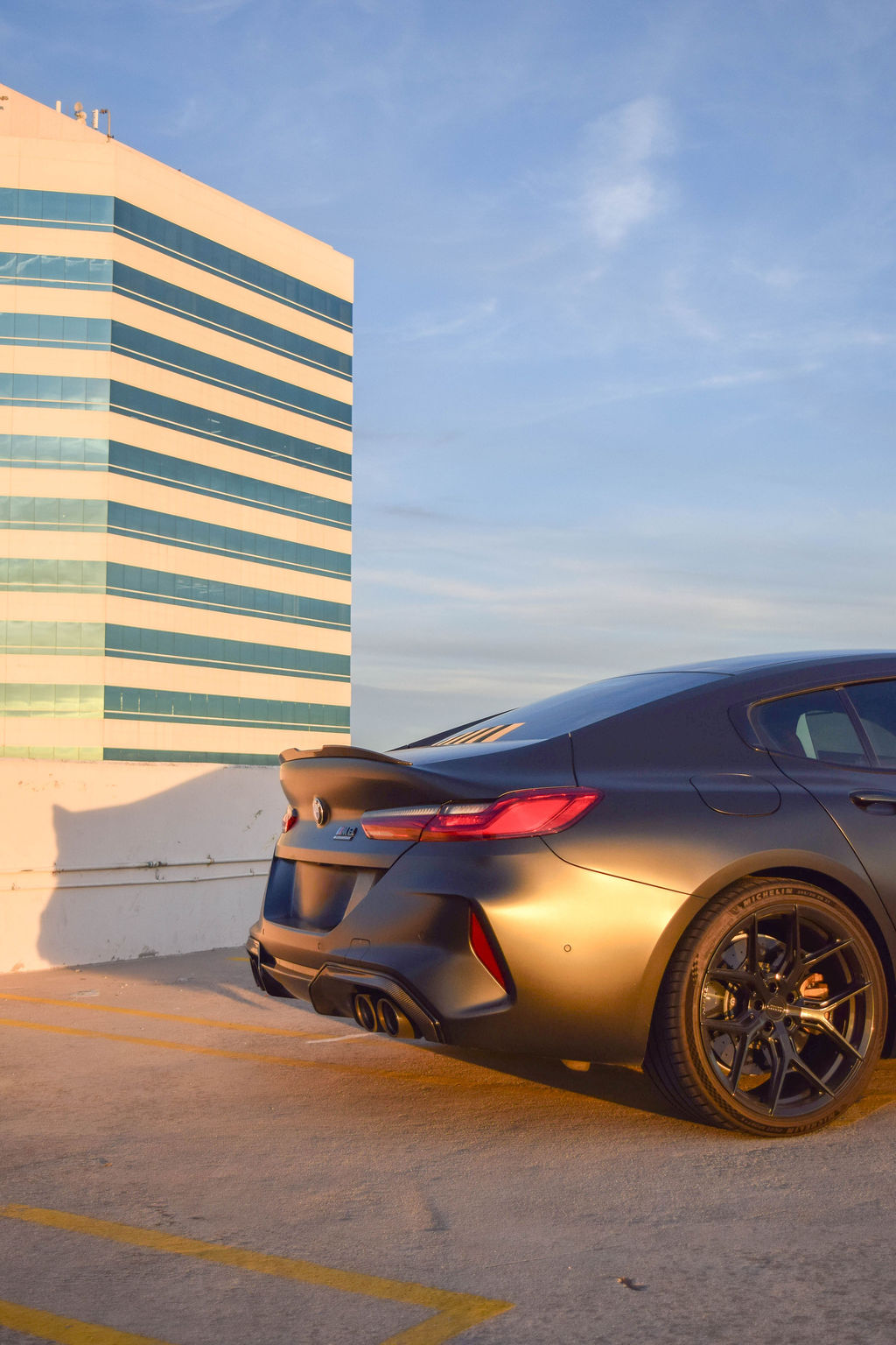 Satin Black BMW M8 Competition sports car, AWD, rental in Orange County, CA