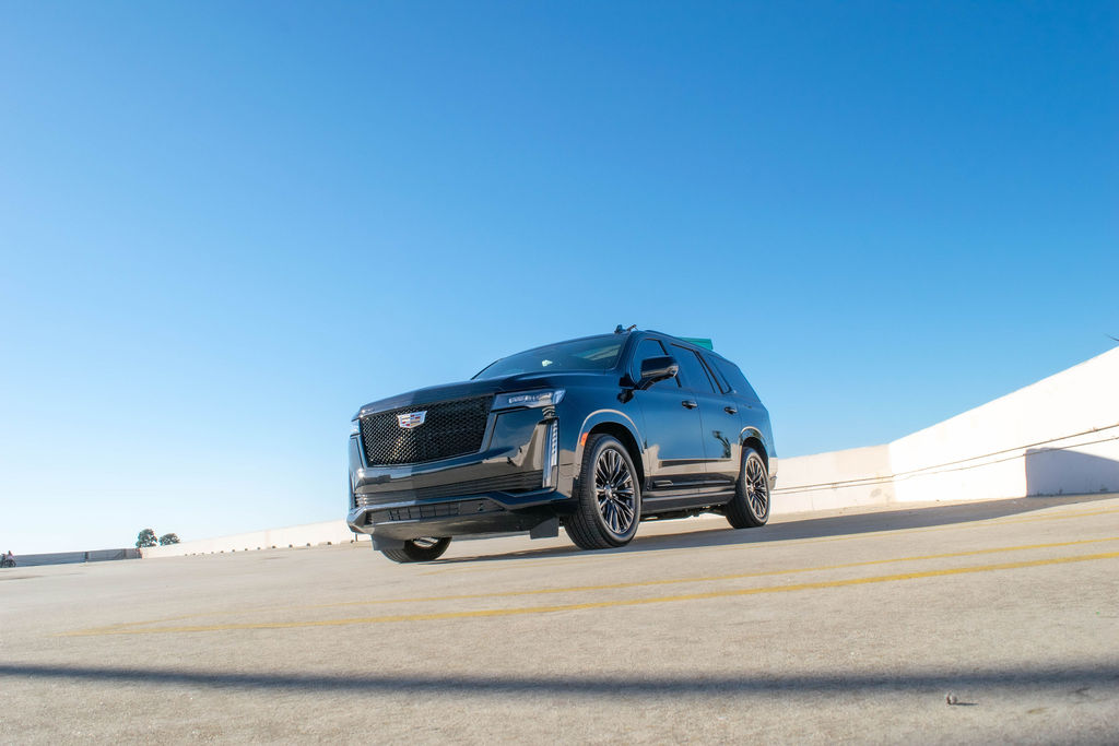 Black Cadillac Escalade ESV Sport luxury SUV available to rent across Orange County, CA