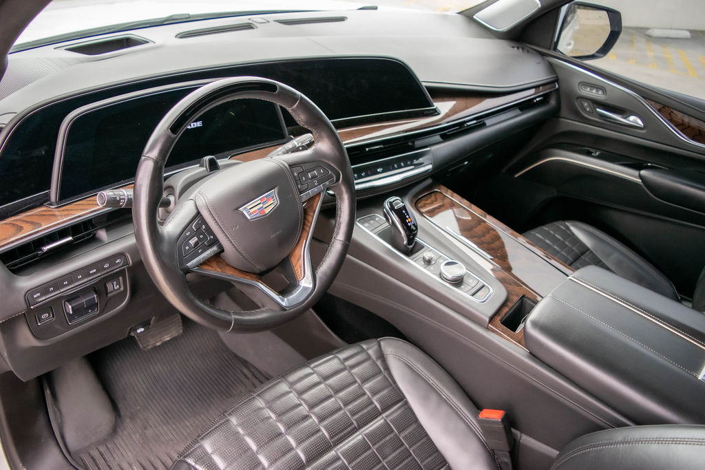 White Cadillac Escalade ESV Sport Platinum rental car, Black interior, Orange County, CA