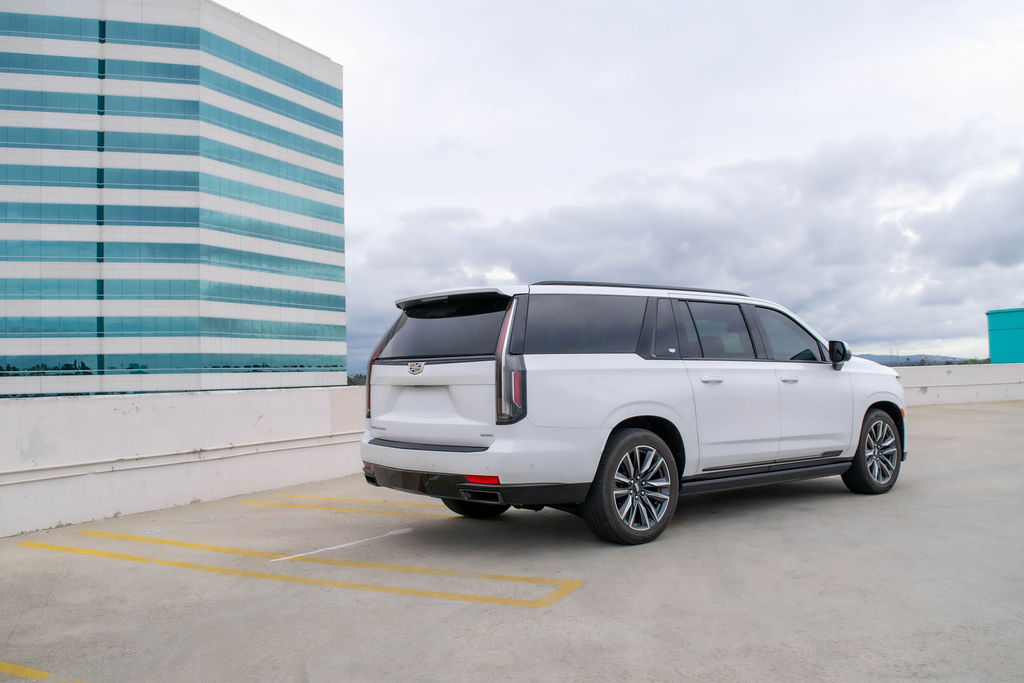 White Cadillac Escalade ESV Sport Platinum, Black interior luxury SUV available in Orange County