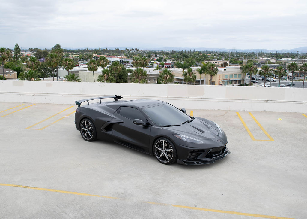 Black Chevrolet Corvette C8 Stingray, White interior, exotic car rental in Orange County