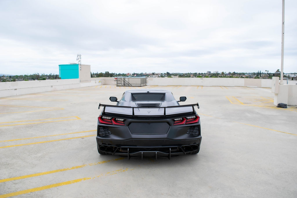 Black Chevrolet Corvette C8 Stingray sports car available to rent across Orange County, CA