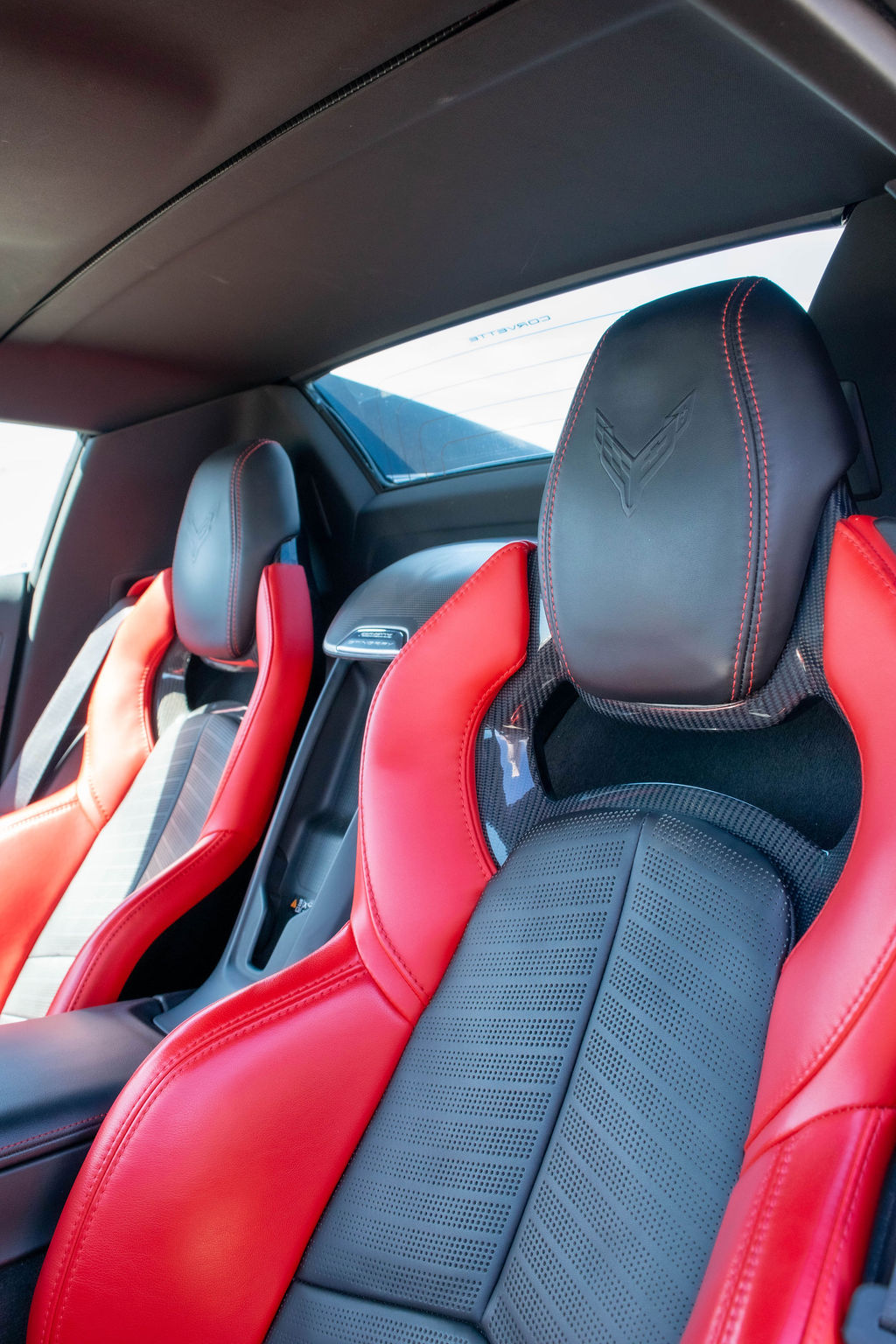 Black Chevrolet Corvette C8 Stingray, Black and Red interior, exotic car rental in Orange County