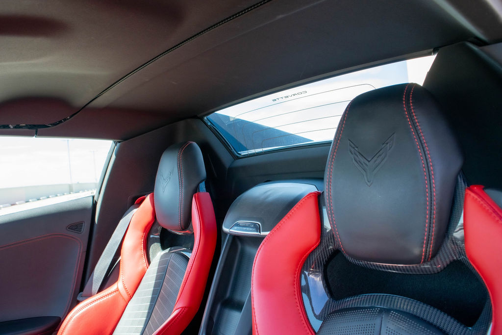 Black Chevrolet Corvette C8 Stingray, 2 seats and 2 doors, rental in Orange County, Black and Red interior
