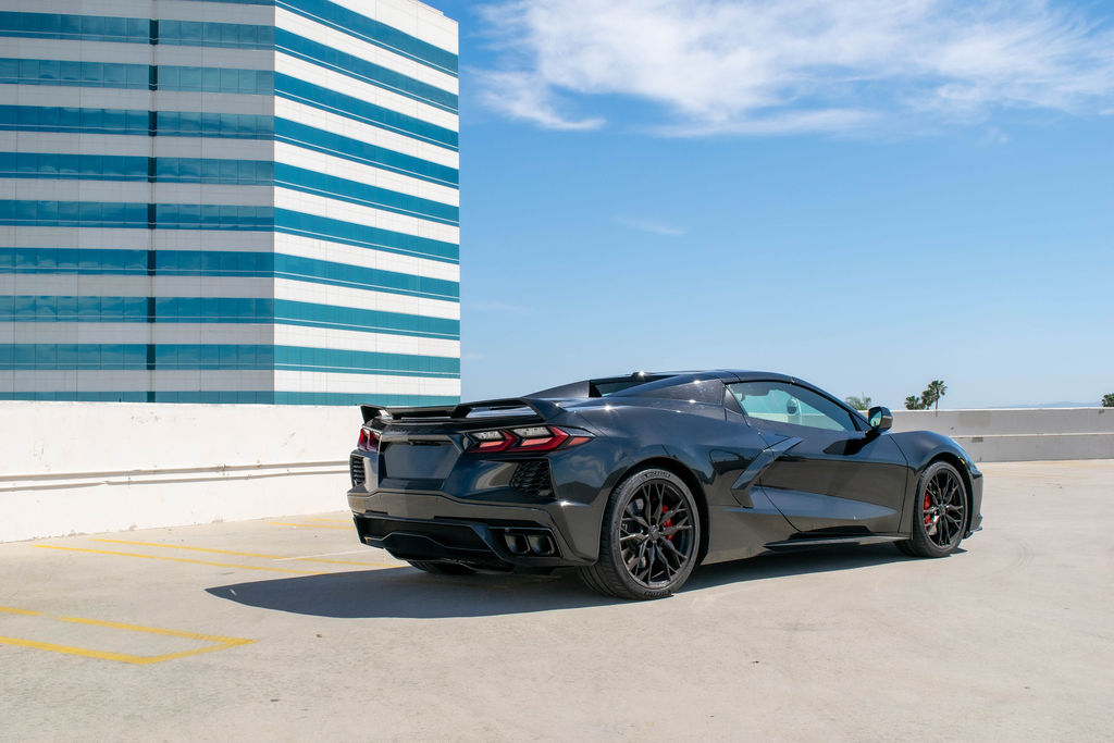 Black Chevrolet Corvette C8 Stingray rental car, Black and Red interior, Orange County, CA