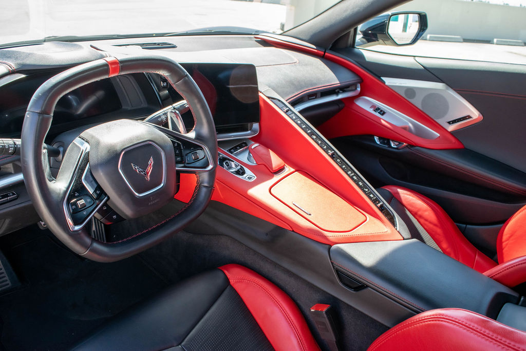 Chevrolet Corvette C8 Stingray finished in Black, Black and Red interior, rent in Orange County