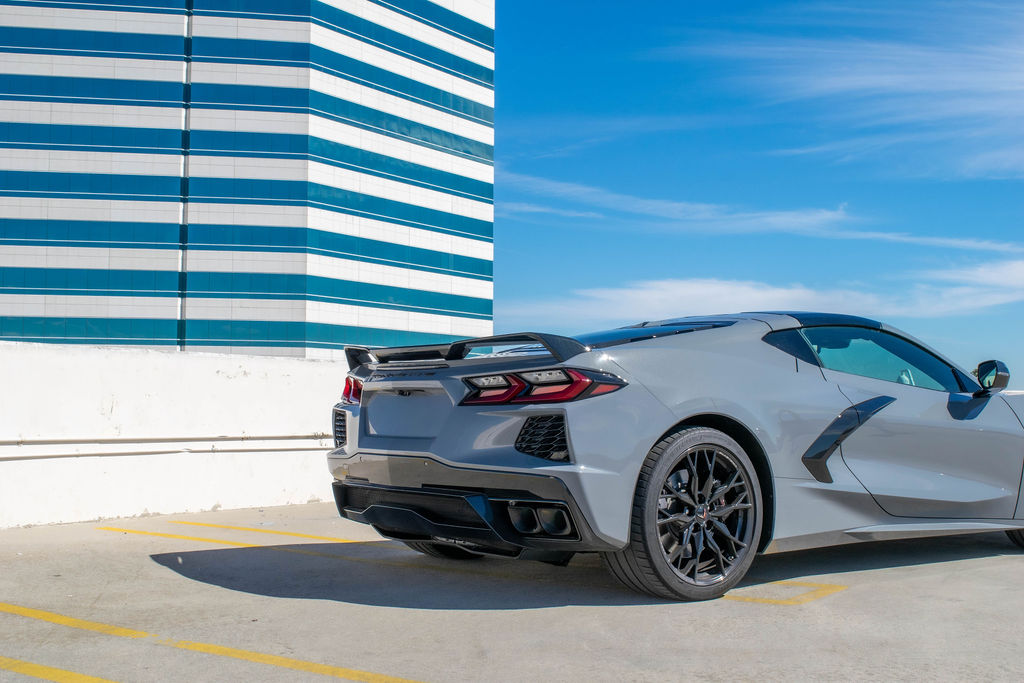 Grey Chevrolet Corvette C8 Stingray sports car, Black cabin, delivered in Orange County