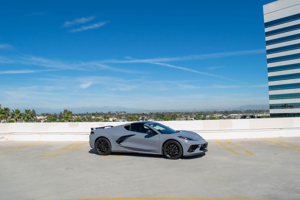 Grey Chevrolet Corvette C8 Stingray rental car, Black interior, Orange County, CA
