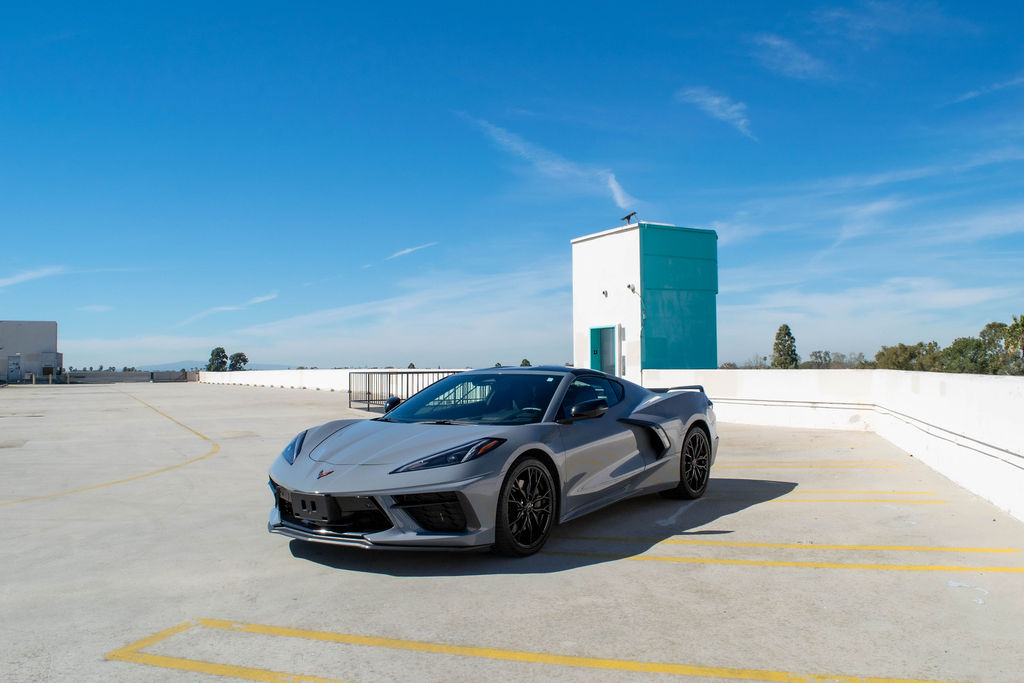 Grey Chevrolet Corvette C8 Stingray sports car for rent, 2 seats, Orange County