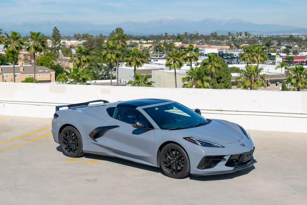 Grey Chevrolet Corvette C8 Stingray sports car, RWD, rental in Orange County, CA