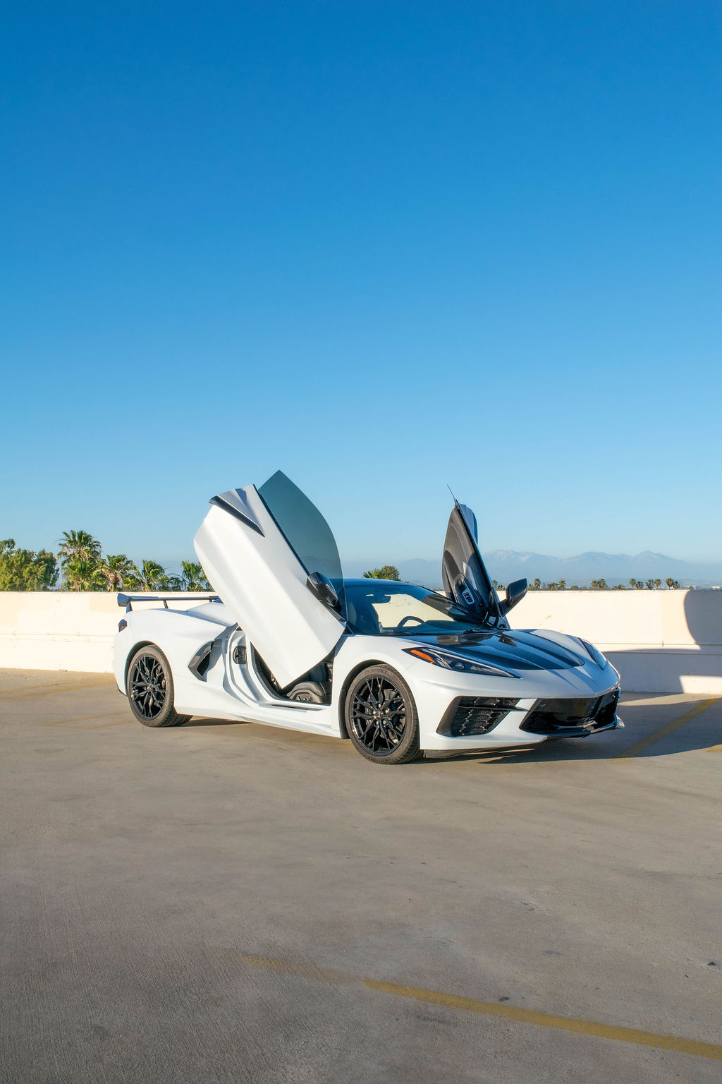 White Chevrolet Corvette C8 Stingray rental car, Black interior, Orange County, CA
