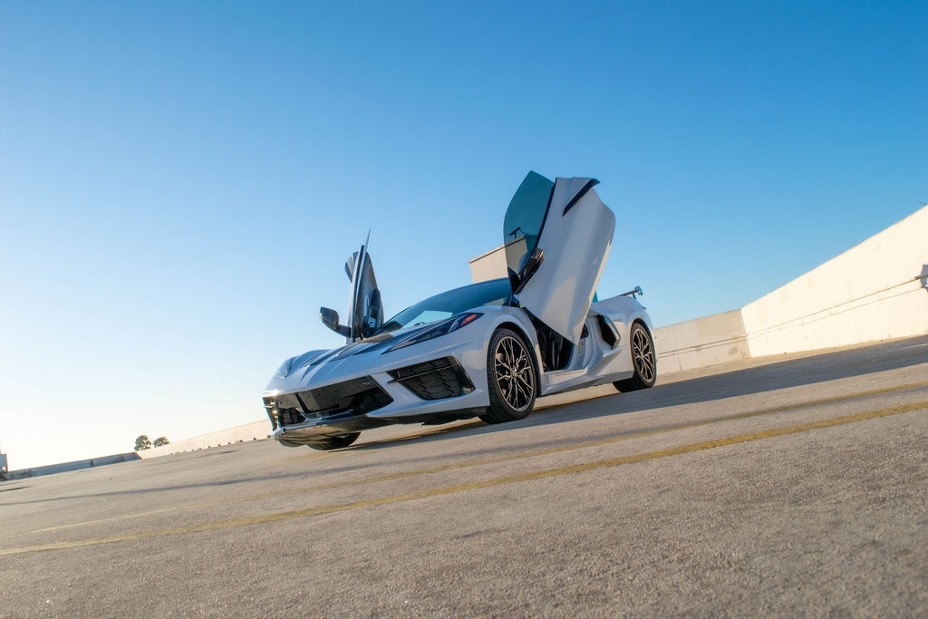 White Chevrolet Corvette C8 Stingray sports car for rent, 2 seats, Orange County