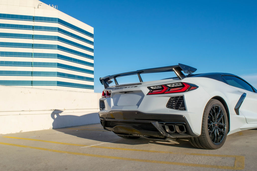 White Chevrolet Corvette C8 Stingray exotic car rental, 2 doors, Orange County