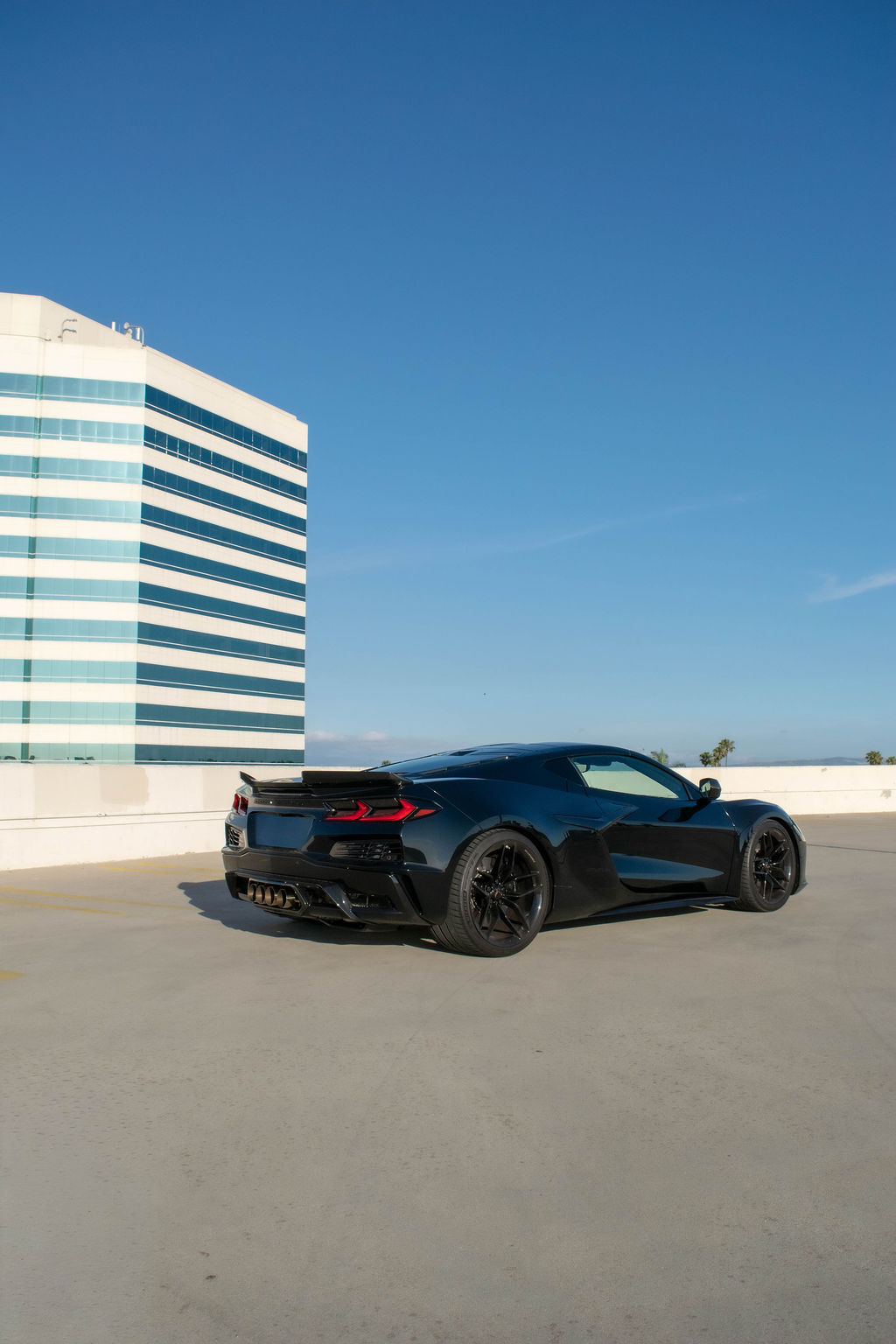 Black Chevrolet Corvette C8 Z06 sports car with 2 seat cabin, Orange County rental