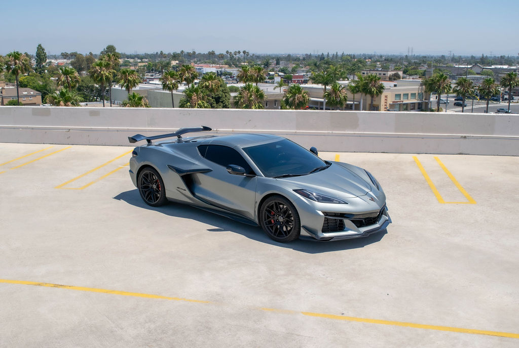 Silver Chevrolet Corvette C8 Z06 sports car, Black cabin, delivered in Orange County
