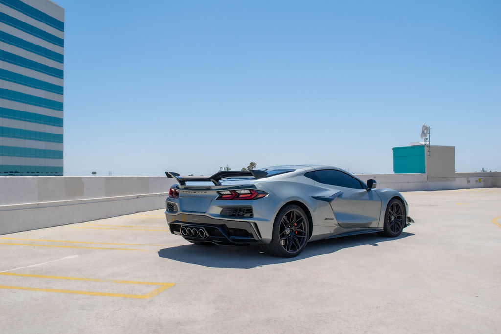 Silver Chevrolet Corvette C8 Z06 sports car with 2 seat cabin, Orange County rental
