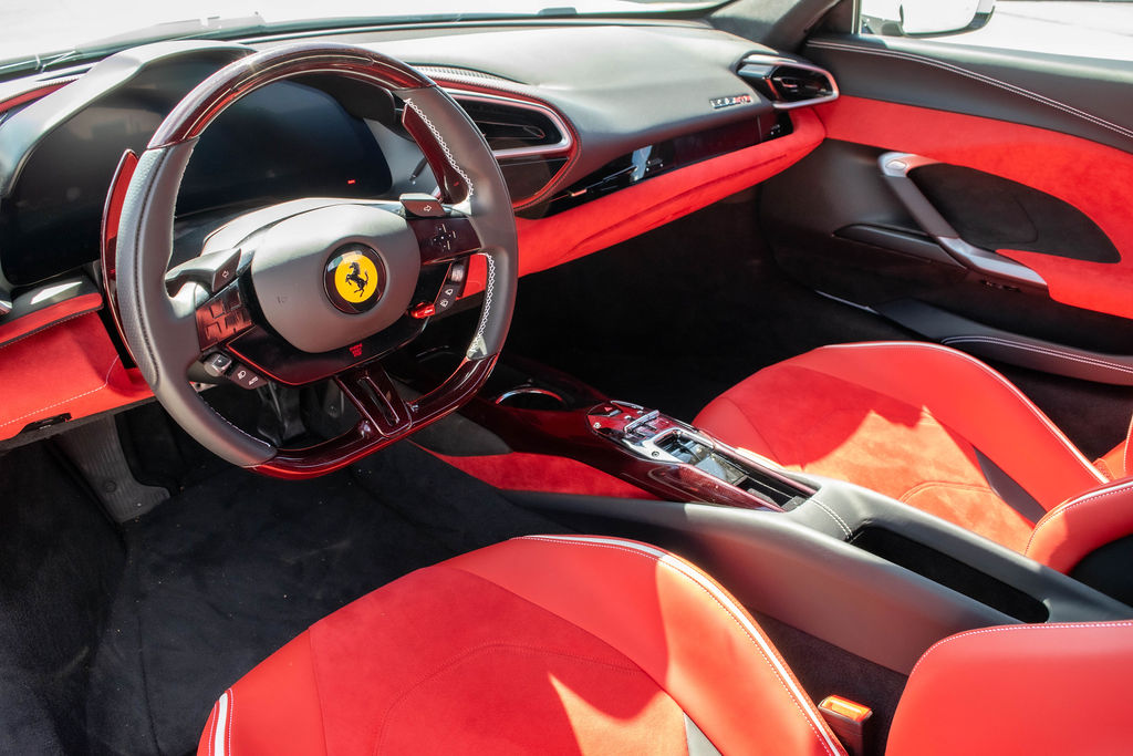 White Ferrari 296 GTB rental car, Red interior, Orange County, CA