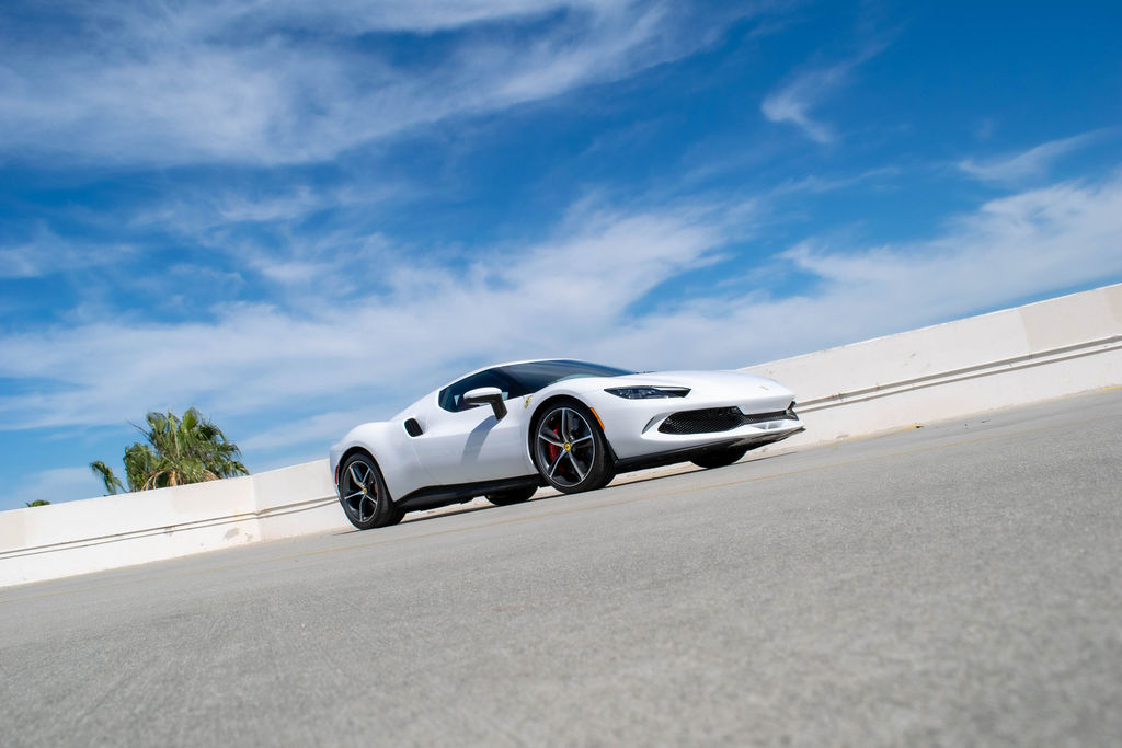 White Ferrari 296 GTB RWD supercar, exotic rental in Orange County