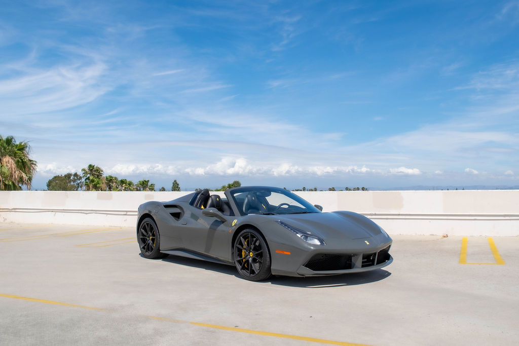 Grey Ferrari 488 Spider for rent in Orange County
