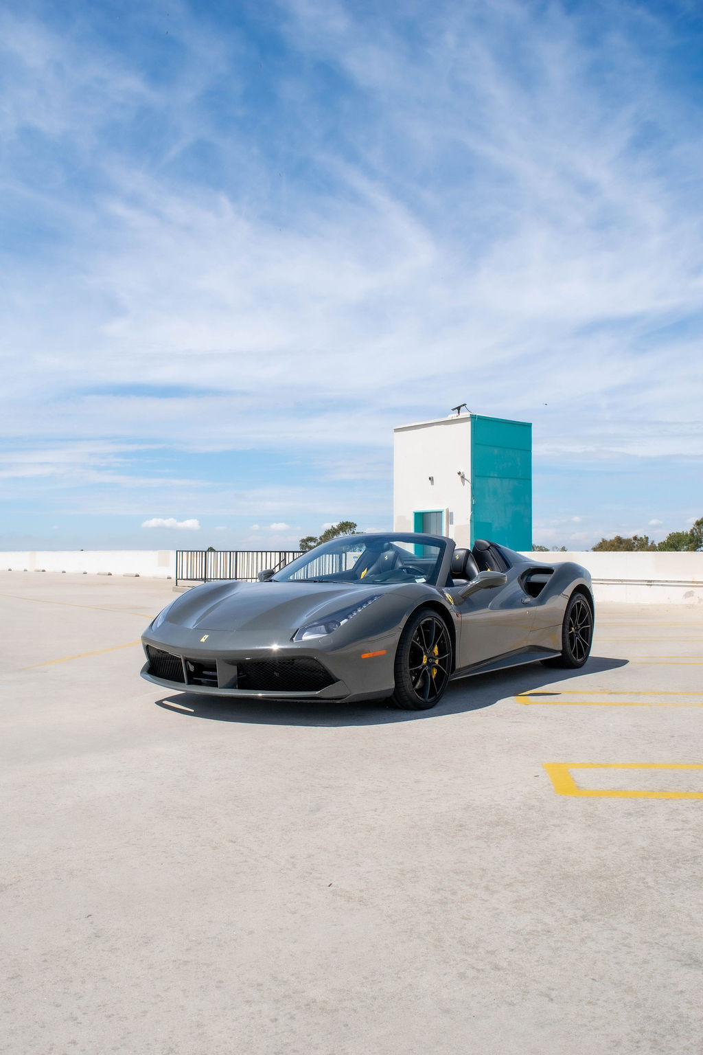 Ferrari 488 Spider in Grey with Black and Yellow interior, Orange County rental