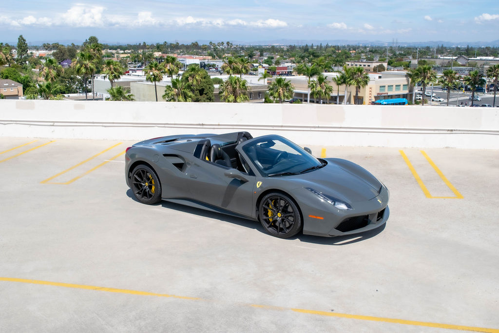Grey Ferrari 488 Spider rental car, Black and Yellow interior, Orange County, CA