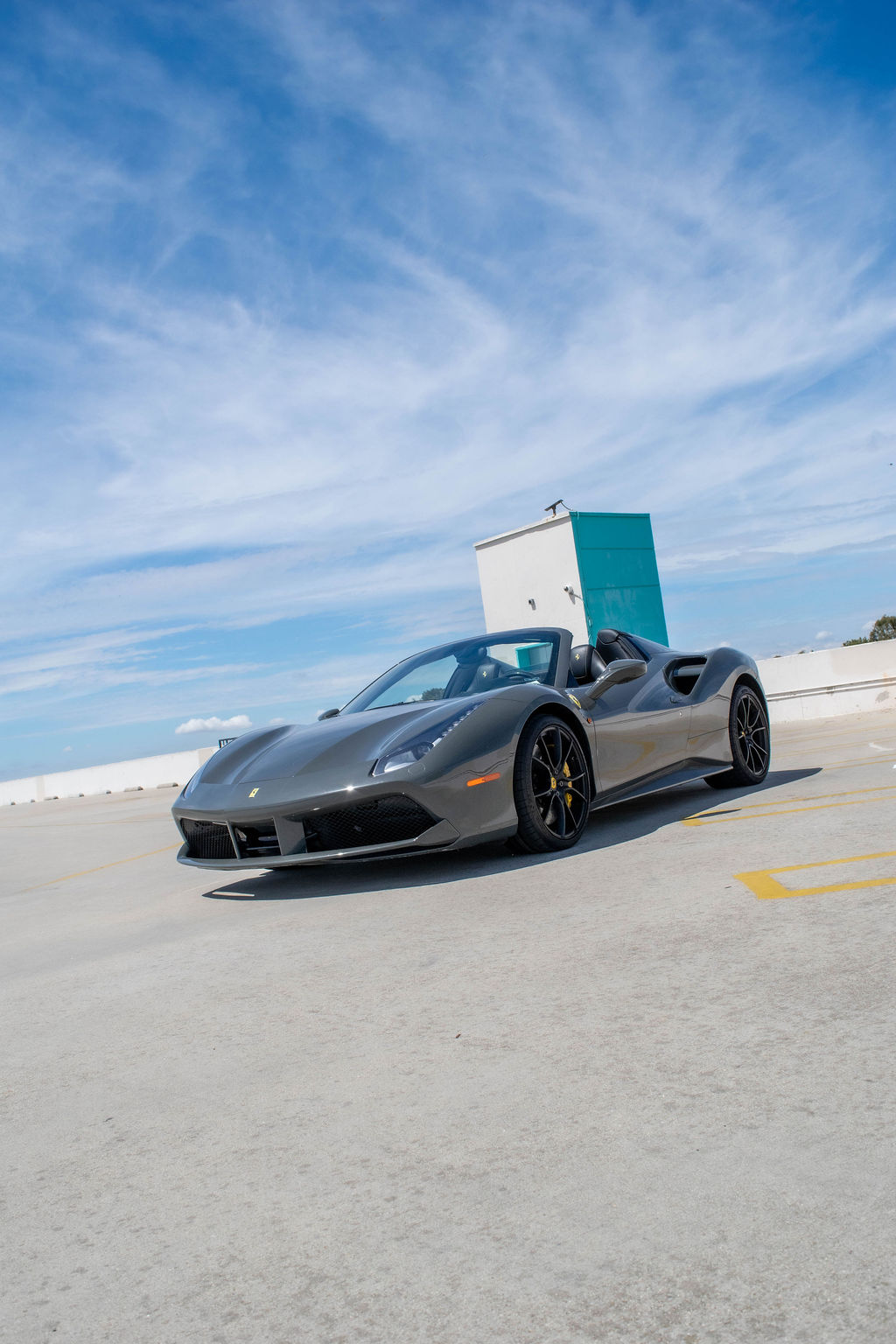 Ferrari 488 Spider in Grey over Black and Yellow, supercar rental in Orange County