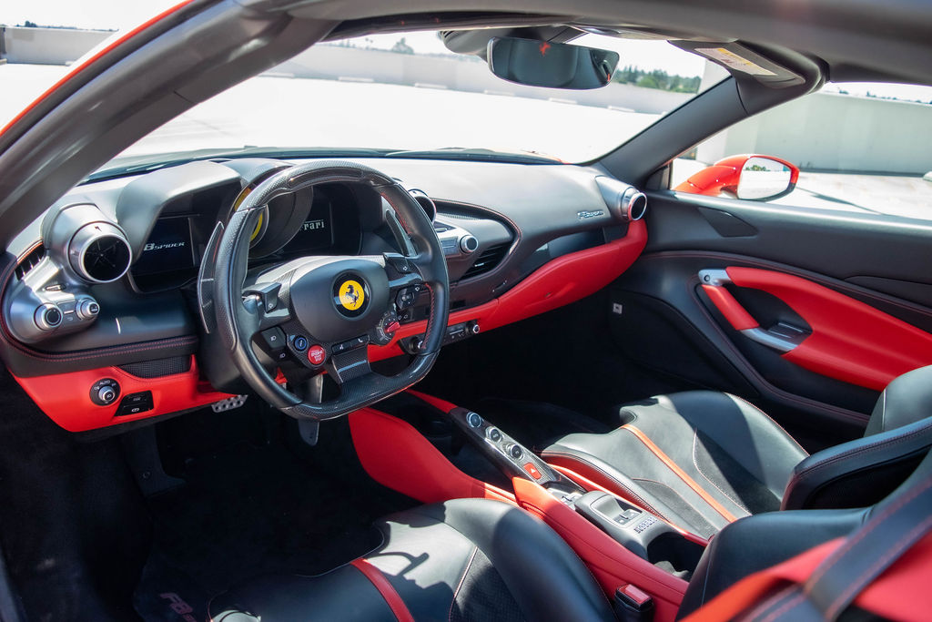 Red Ferrari F8 Spider convertible supercar for rent in Orange County