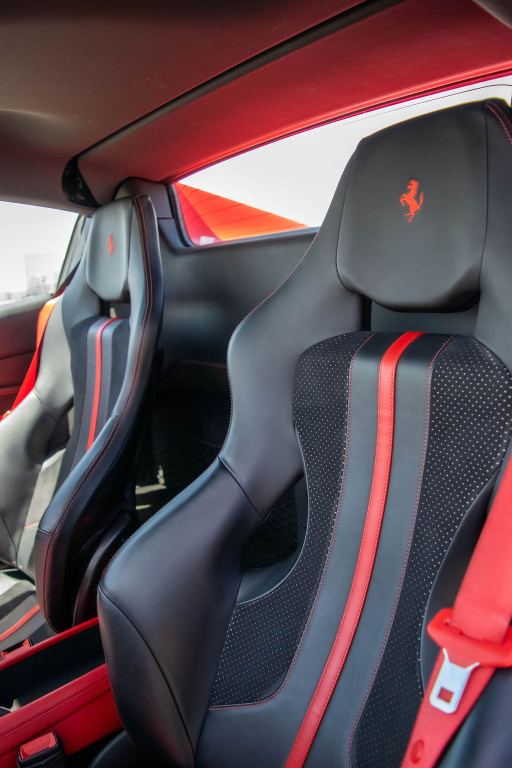 Red Ferrari F8 Spider, Black and Red interior, exotic car rental in Orange County