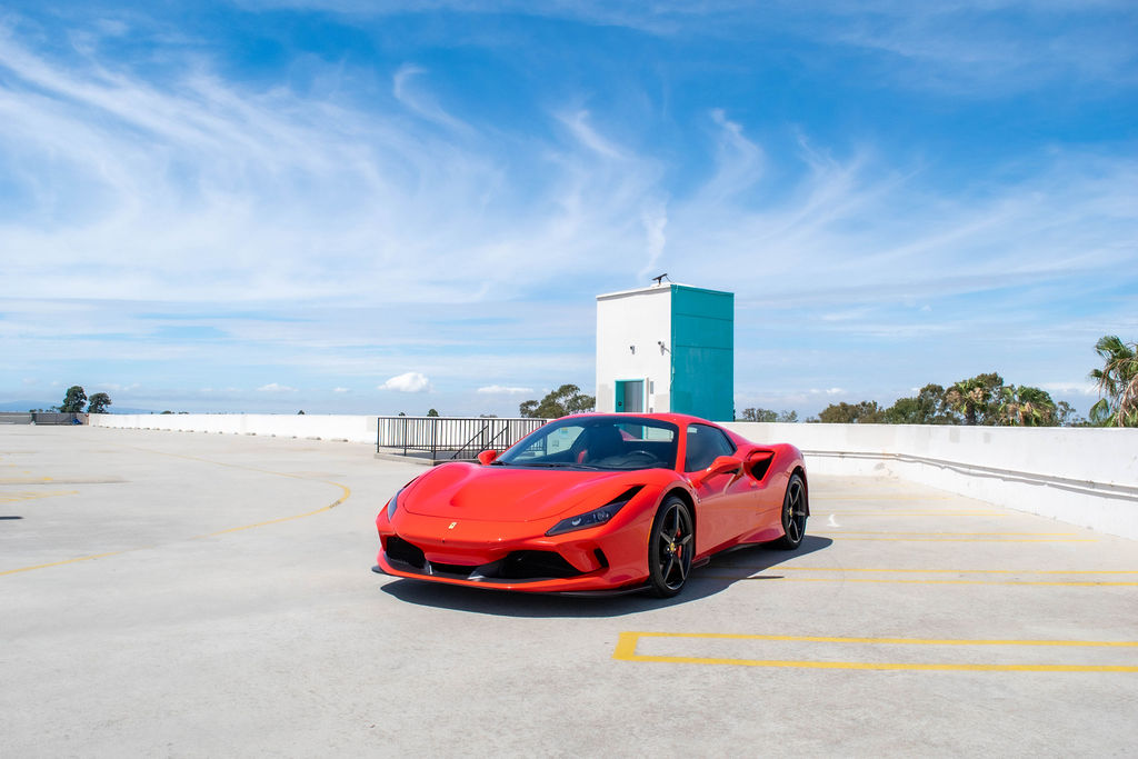 Red Ferrari F8 Spider supercar, Black and Red cabin, delivered in Orange County