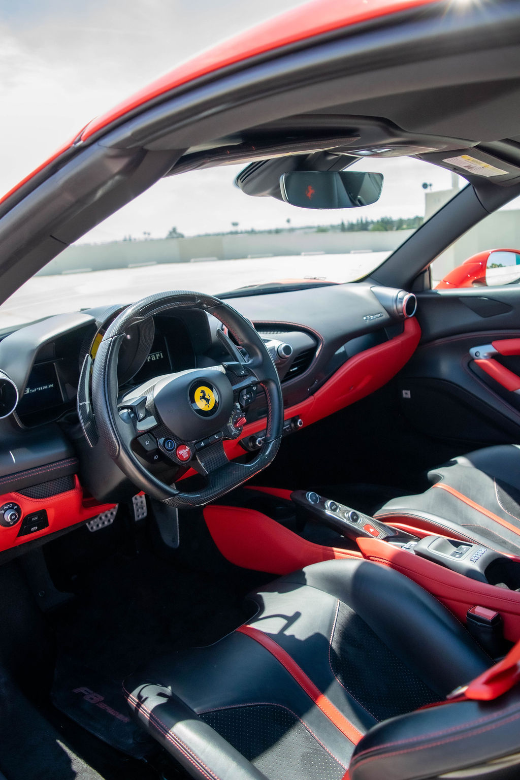 Red Ferrari F8 Spider supercar with 2 seat cabin, Orange County rental