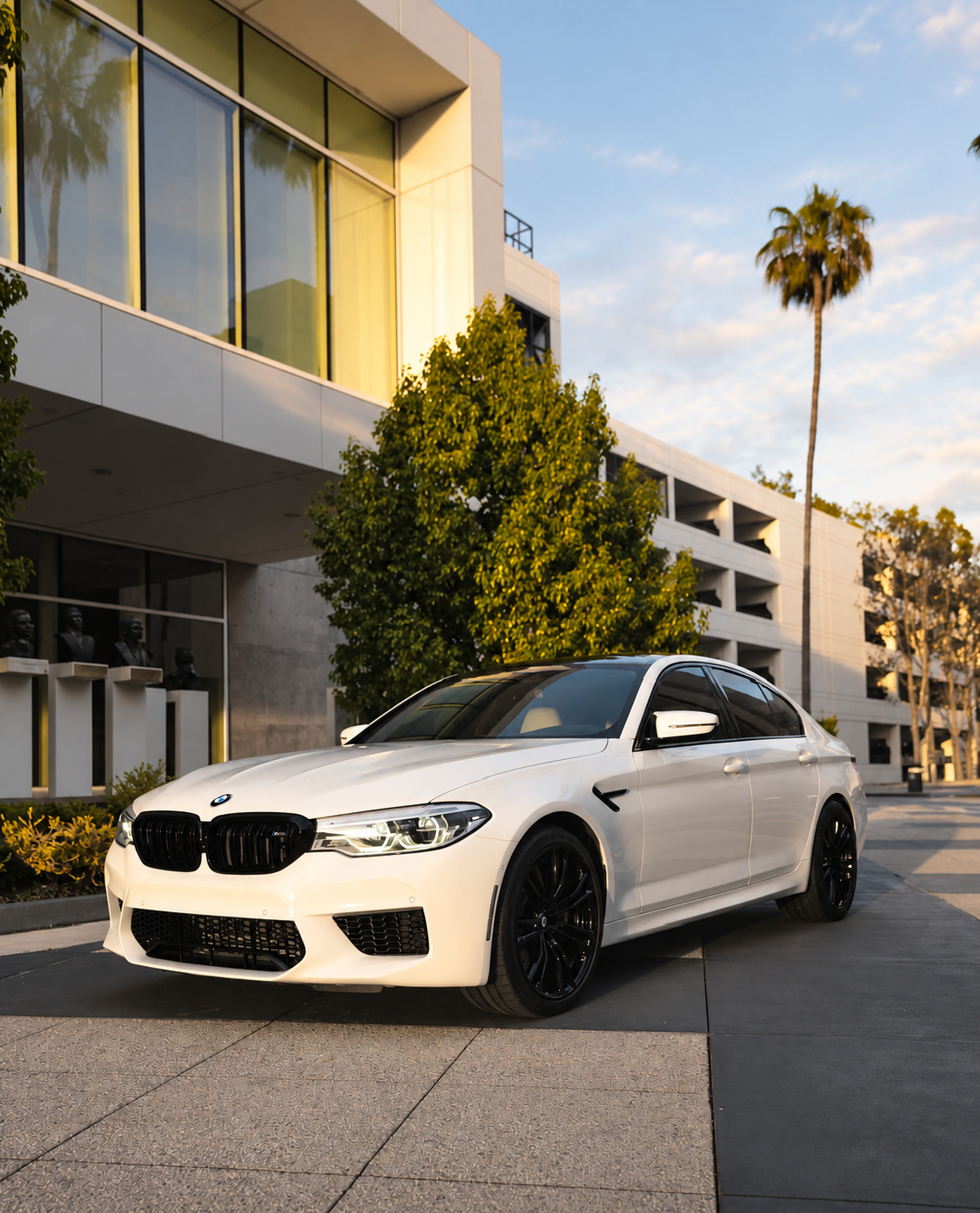 White BMW M5 Competition front three-quarter in a plaza with palm trees and a white office building